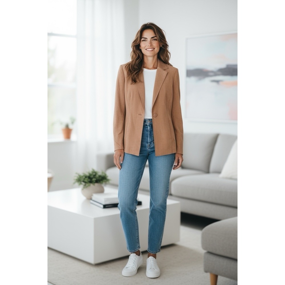 Kathrine Kelly 100% Silk LuxuryBlazer Jacket Coat  Brown Tan Soft Leather Look 8